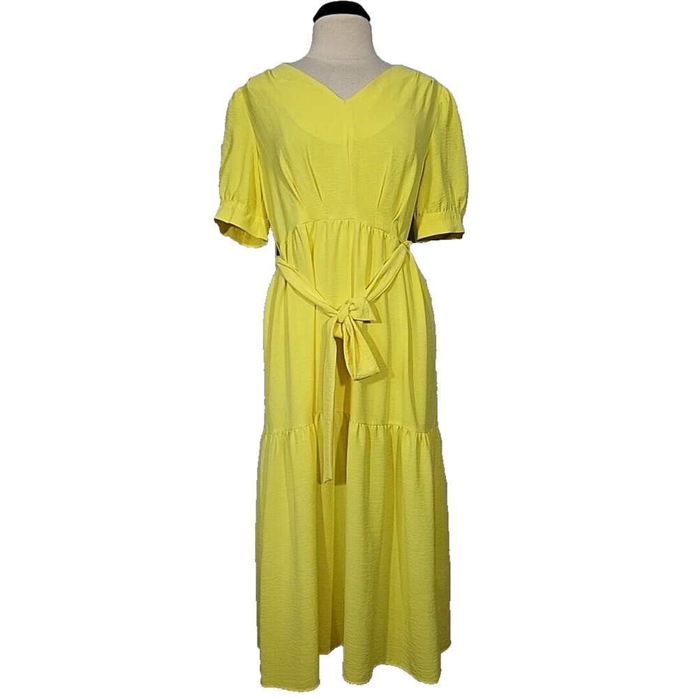 DKNY Womens Maxi Dress Yellow Puff Short Sleeves Tie at Waist size 12